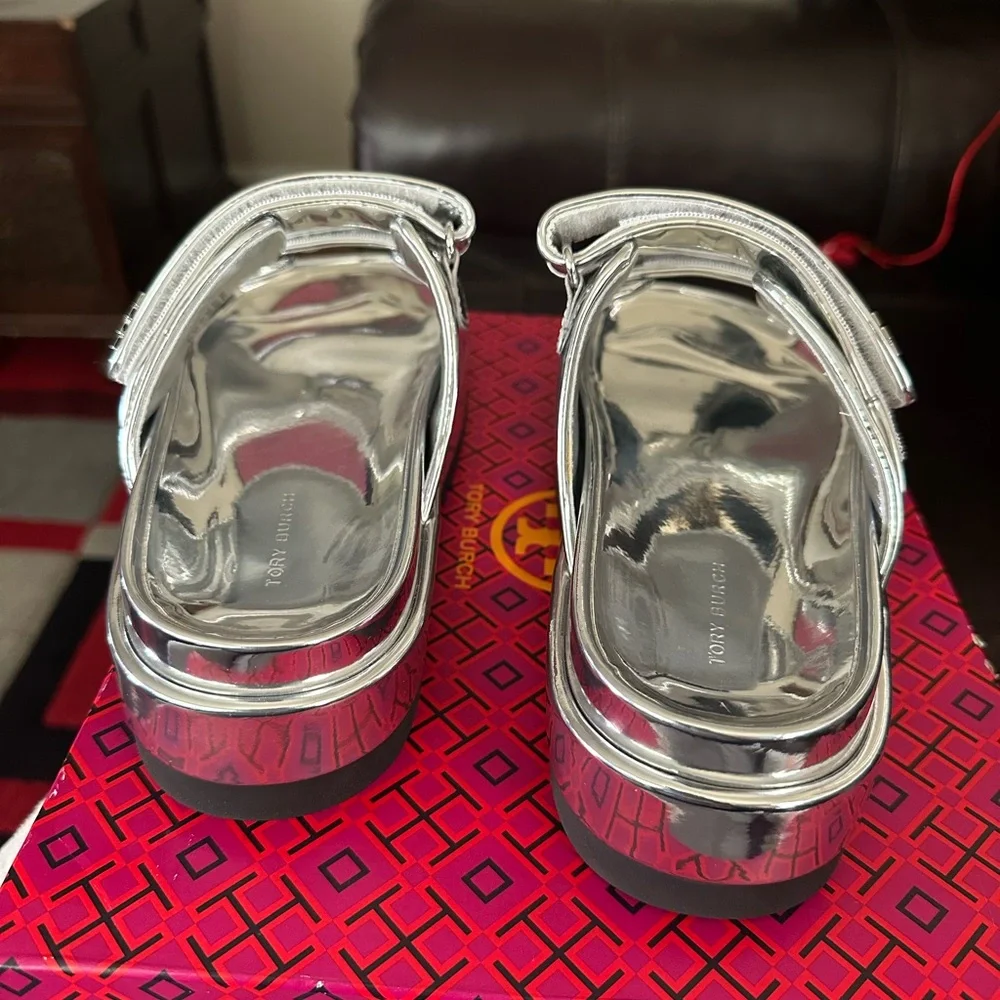 Tory Burch Silver Metallic Platform Slide Sandals